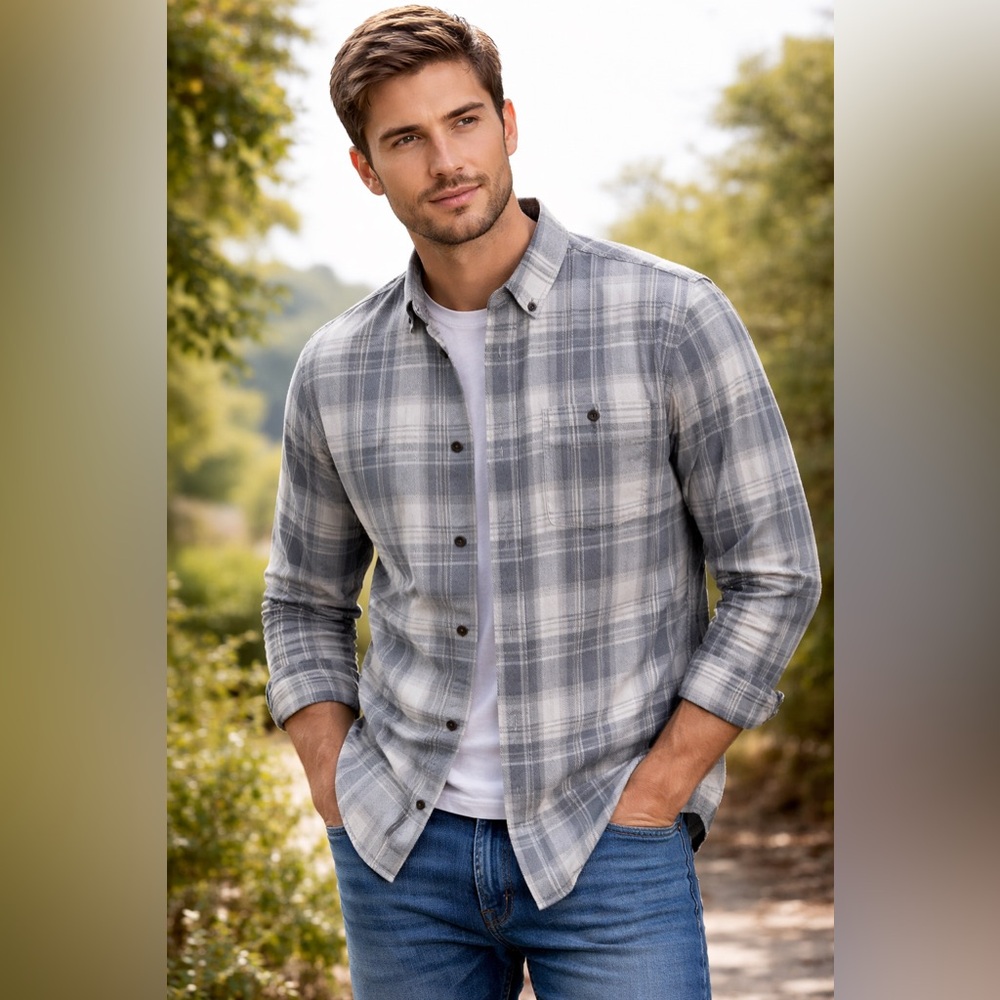 Weatherproof Vintage men’s‎ Burnout Flannel Plaid Button Down Shirt Gray Small